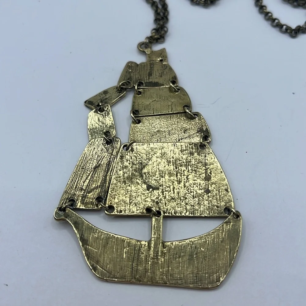 Nautical Ship Boat Brass Pendant  Necklace Oversized Articulated Ship - Picture 14 of 15